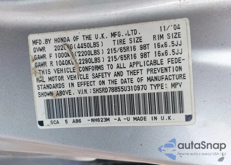 2005 Honda Cr-V Ex from USA, damaged, VIN SHSRD78855U310970